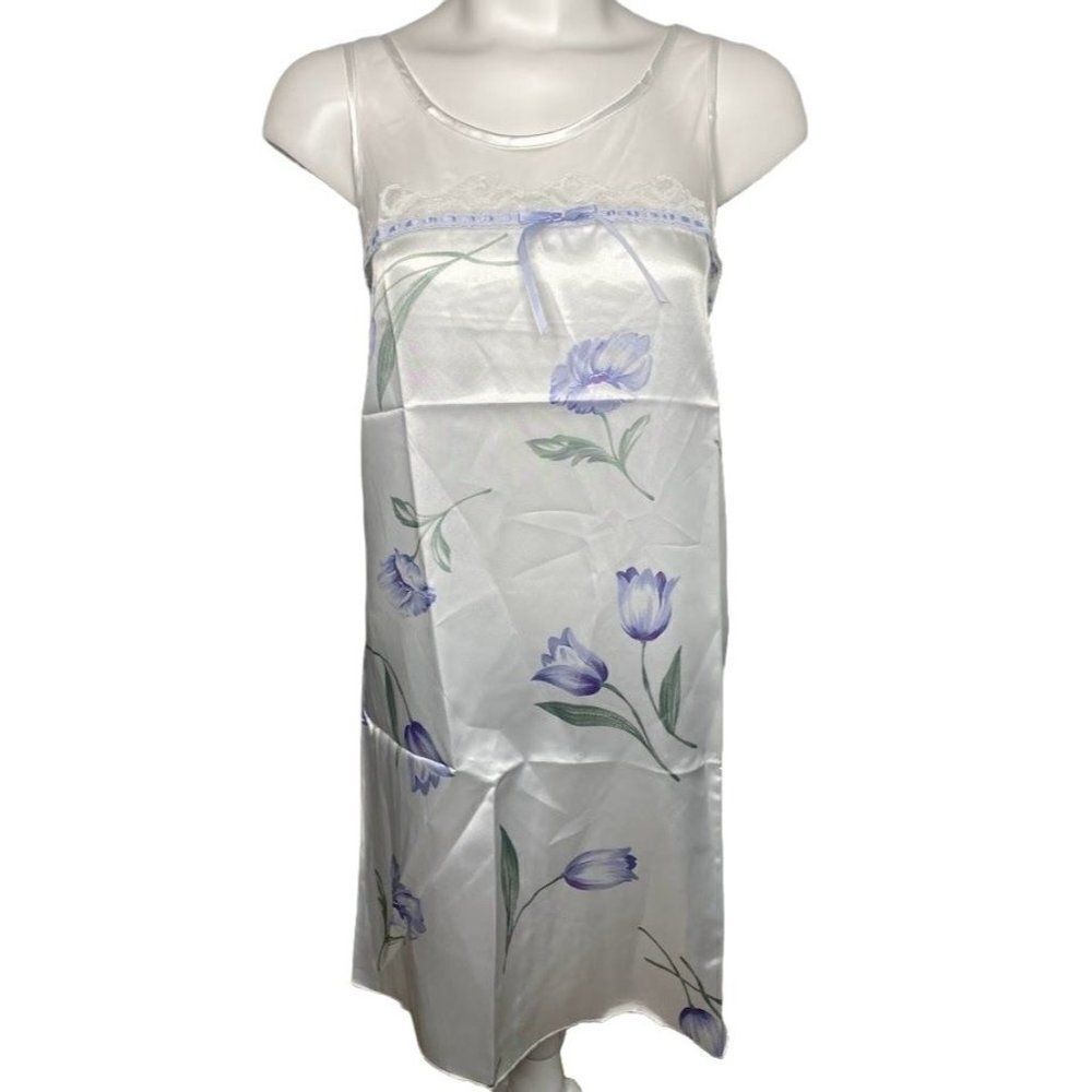 Avon Style White Floral‎ Sleeveless Satin Night Gown Sz Small NEW